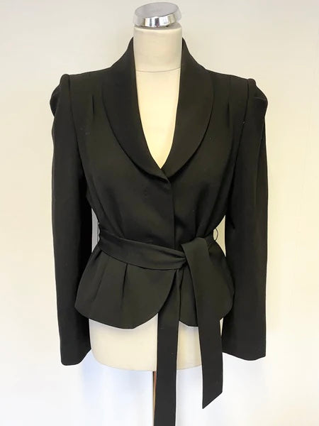 LK BENNETT BLACK WOOL BLEND TAILORED JACKET WITH TIE BELT SIZE 12