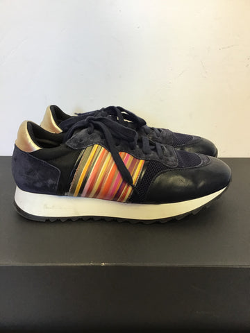 PAUL SMITH NAVY BLUE SUEDE & LEATHER MULTI COLOURED STRIPE TRAINERS SIZE 6/39