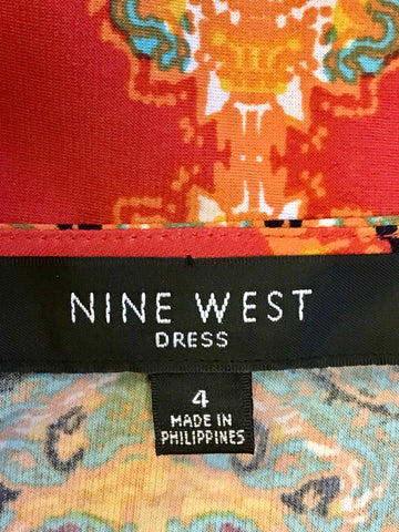 NINE WEST RED PRINT LONG SLEEVE DRESS SIZE 4 UK 8
