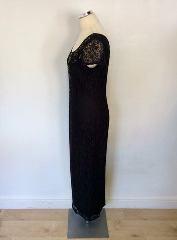 DEBUT BLACK LACE BEADED TRIM CAP SLEEVE LONG EVENING DRESS SIZE 12