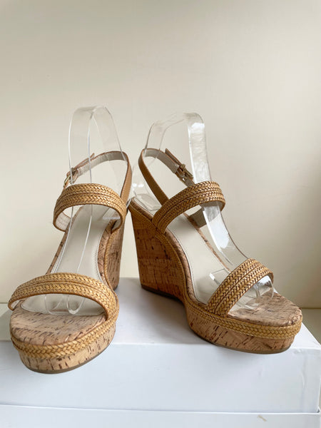 CARVELA CAMEL PLAITED STRAW STRAPS CORK PLATFORM & WEDGE HEEL SANDALS SIZE 7/40