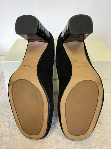 CLARKS BLACK SUEDE & CROC PRINT BLOCK HEELS SIZE 6/39.5