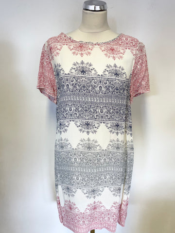 WHITE STUFF RED,WHITE & BLUE PRINT SHORT SLEEVE SHIFT DRESS SIZE 14
