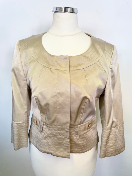 KAREN MILLEN CHAMPAGNE COLLARLESS SATIN 3/4 SLEEVE SHORT FITTED JACKET SIZE 10