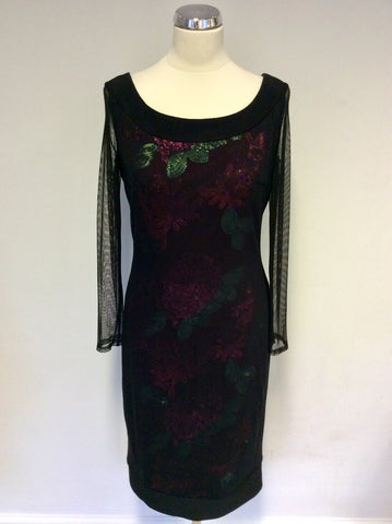 BRAND NEW GINA BACCONI BLACK MESH WITH RED & GREEN SEQUINS COCKTAIL DRESS SIZE 14