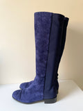 LK BENNETT BAMBRA DENIM BLUE SUEDE ELASTICATED PANEL KNEE LENGTH BOOTS SIZE 5/38