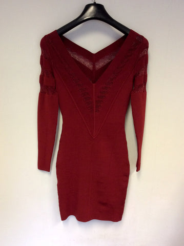 KAREN MILLEN RED LACE TRIM STRETCH BODYCON DRESS SIZE 1 UK 8/10
