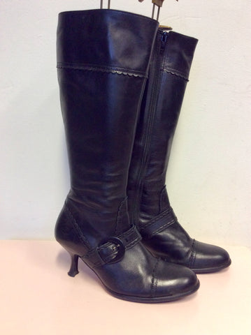 DUO BLACK LEATHER KNEE LENGTH BUCKLE TRIM BOOTS SIZE 5/38