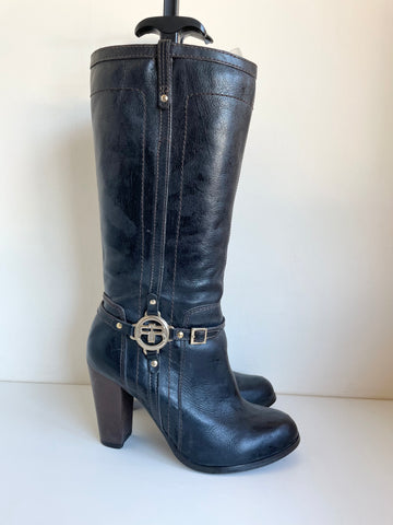 RIVER ISLAND BLACK LEATHER & GOLD TRIM HEELED BOOTS SIZE 7/40