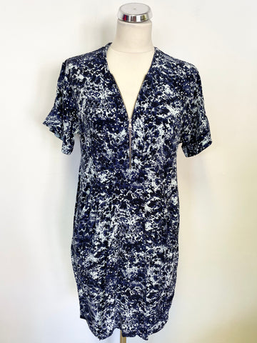WHISTLES NAVY BLUE PATTERNED V NECK ZIP FRONT SHORT SLEEVE SHIFT DRESS SIZE 8