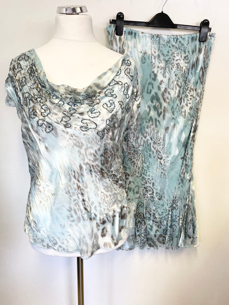 GINA BACCONI DUCK EGG & BROWN PRINT SILK BLEND BEADED TOP & SKIRT SIZE 18/20