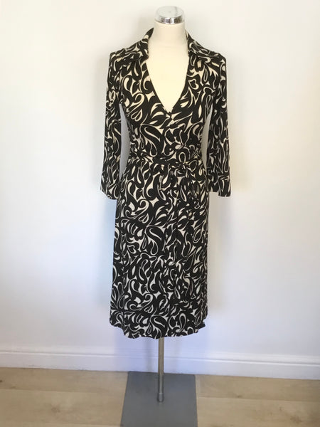 LK BENNETT BLACK & IVORY PRINT SILK WRAP DRESS SIZE 10