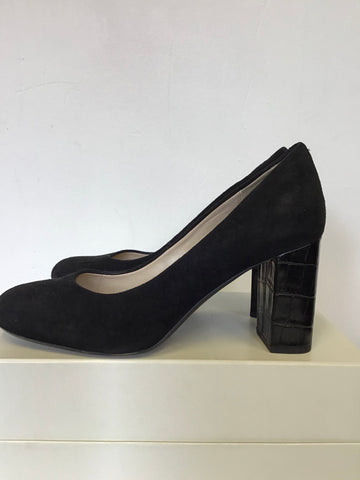CLARKS BLACK SUEDE & CROC PRINT BLOCK HEELS SIZE 6/39.5