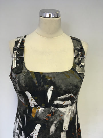 BRAND NEW TUZZI DARK GREY,BLACK,ORANGE & WHITE PRINT SHIFT DRESS SIZE 14
