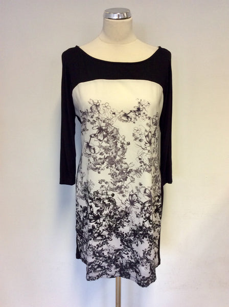 LAURA ASHLEY BLACK & GREY FLORAL PRINT STRETCH JERSEY DRESS SIZE 12