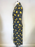 HOBBS BROWN,MUSTARD & GREEN PRINT TIE WAIST 3/4 SLEEVED TEA DRESS SIZE 14