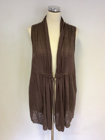 MINT VELVET BROWN LINEN SLEEVELESS LINEN LONG CARDIGAN SIZE 14