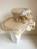 GET AHEAD HATS CREAM/ NATURAL STRAW WIDE BRIM FORMAL HAT WITH FLOWER DETAIL