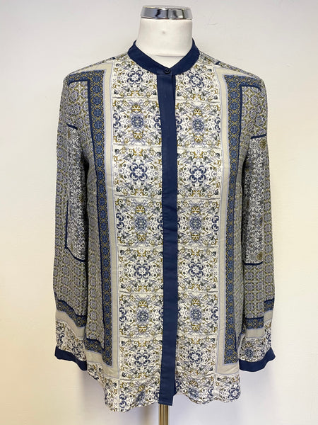 MASSIMO DUTTI BLUE PATTERNED LONG SLEEVE COLLARLESS BLOUSE SIZE 38 UK 10