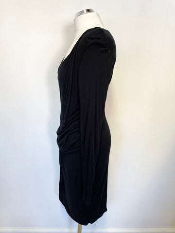 JIGSAW BLACK JERSEY DRAPED FRONT LONG SLEEVED STRETCH PENCIL DRESS SIZE M