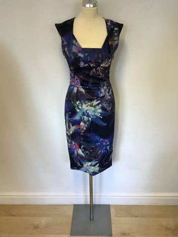KAREN MILLEN BLACK & BLUE WITH FLORAL PRINT PENCIL DRESS SIZE 10