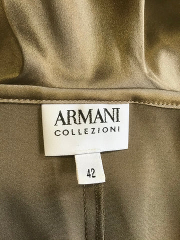 ARMANI COLLEZIONI BRONZE SILK RUCHED & FRILL V NECKLINE FITTED BLOUSE SIZE 42 UK 12