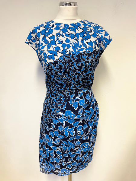 WHISTLES SILK TURQUOISE BLUE,NAVY & WHITE FLORAL PRINT CAP SLEEVE DRESS SIZE 10