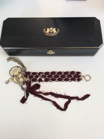 JUICY COUTURE SILVER & BURGUNDY FABRIC WOVEN CUFF WITH PENDANTS