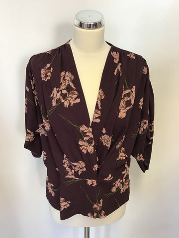 BRAND NEW BURGUNDY & PINK FLORAL PRINT WRAP ACROSS BLOUSE SIZE 16