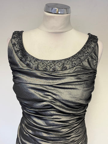 CACHET PEWTER BEAD TRIMMED RUCHED SLEEVELESS COCKTAIL PENCIL DRESS SIZE 8 UK 12