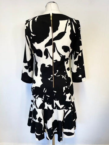 COAST BLACK & WHITE PRINT 3/4 SLEEVE FRILLED HEM PENCIL DRESS SIZE 12