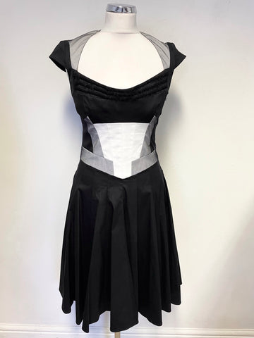 KAREN MILLEN BLACK ,WHITE & MESH TRIMMED CAP SLEEVE FIT & FLARE DRESS SIZE 10