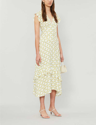 SANDRO PARIS MALLY WHITE WITH DELICATE FLORAL PRINT RUFFLE MIDI DRESS SIZE 36 UK 8/10