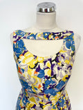 LK BENNETT MULTI COLOURED FLORAL PRINT CUT OUT NECKLINE SLEEVELESS PENCIL DRESS SIZE 12