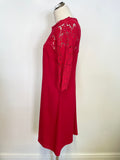 MARCCAIN RED LACE TRIMMED 3/4 SLEEVE A LINE DRESS SIZE 4 UK 14