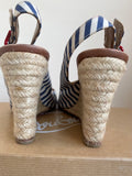 CHRISTIAN LOUBOUTIN BLUE & WHITE CANVAS STRIPE WITH RED TRIM WEDGE HEELS SIZE 5/38