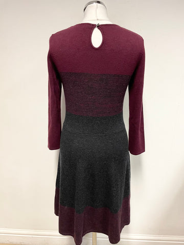 JIGSAW BURGUNDY & GREY WOOL BLEND FIT & FLARE KNIT DRESS SIZE S
