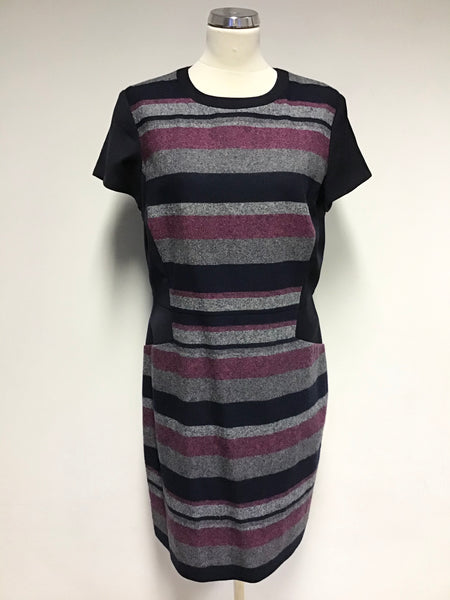 HOBBS NW3 NAVY BLUE,PINK & GREY MARL STRIPE WOOL BLEND SHIFT DRESS SIZE 16