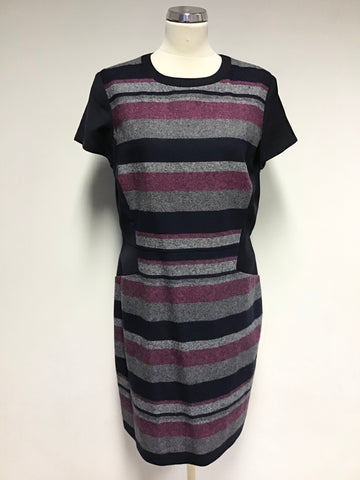 HOBBS NW3 NAVY BLUE,PINK & GREY MARL STRIPE WOOL BLEND SHIFT DRESS SIZE 16