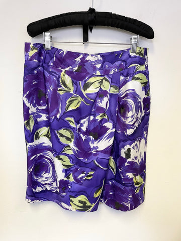 PHASE EIGHT PURPLE FLORAL PRINT SATIN DRAPED FRONT SKIRT SIZE 14