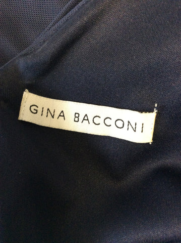 GINA BACCONI DARK BLUE DIAMANTÉ JEWEL TRIM LONG SLEEVE EVENING DRESS SIZE 16