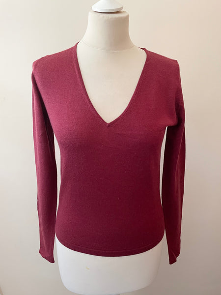MULBERRY DEEP RED WOOL,SILK & CASHMERE V NECK FINE KNIT JUMPER SIZE M