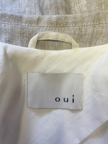 OUI NATURAL/ BEIGE 100% LINEN LONG LINE JACKET SIZE 10