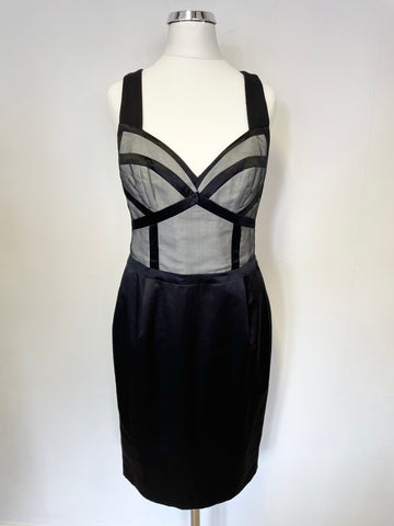 REISS FLORENTINE BLACK & GREY SILK TRIMMED CUT AWAY BACK DRESS SIZE 10