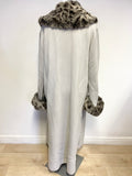 HELEN SYKES PALE GREY FAUX FUR TRIMMED WOOL BLEND KNIT LONG COAT SIZE XL