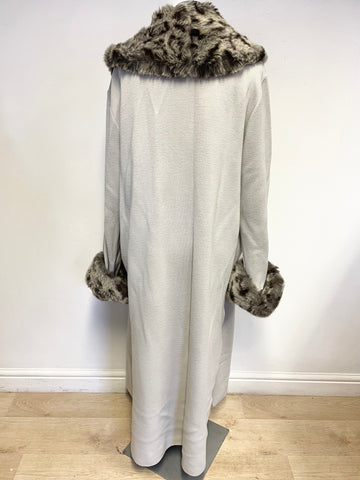 HELEN SYKES PALE GREY FAUX FUR TRIMMED WOOL BLEND KNIT LONG COAT SIZE XL