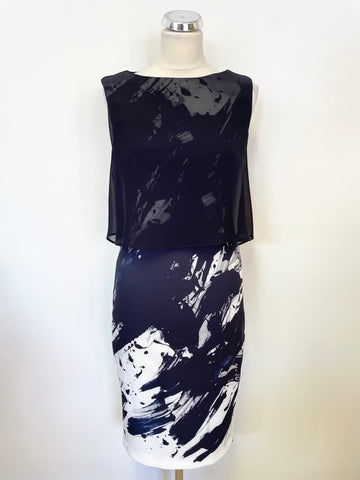 PHASE EIGHT NAVY BLUE & WHITE PRINT SHEER OVERLAY TOP PENCIL DRESS SIZE 10