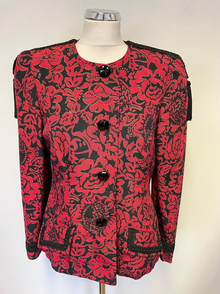 VINTAGE HELEN SYKES RED & BLACK PATTERNED SPECIAL OCCASION FITTED JACKET SIZE 12/14