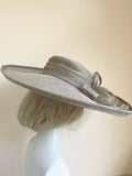 HAT STUDIO LIGHT GREY WITH BOW, COIL & FEATHER TRIM WIDE BRIM HAT