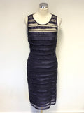 PHASE EIGHT MIDNIGHT BLUE MESH OVERLAY SEQUINNED & APPLIQUE TRIM PENCIL DRESS SIZE 10